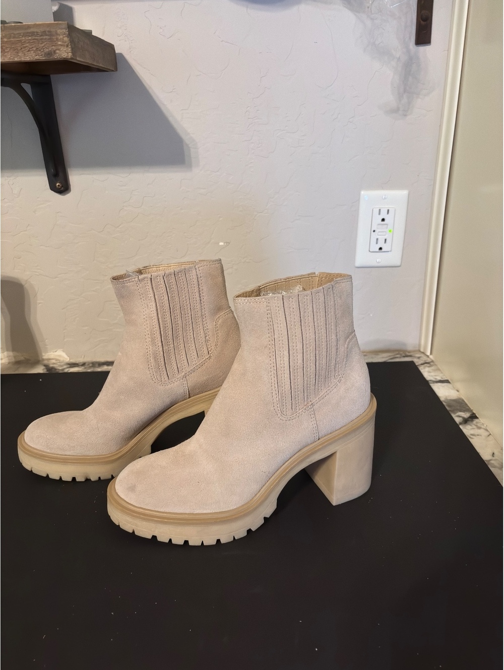 Beige Suede Chunky Heel Ankle Boots Side Panels and Lug Sole